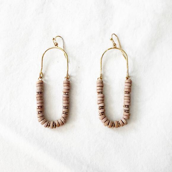 Wooden Disc Beaded Oval Arch Cutout Drop Earrings - Picture 1 of 7